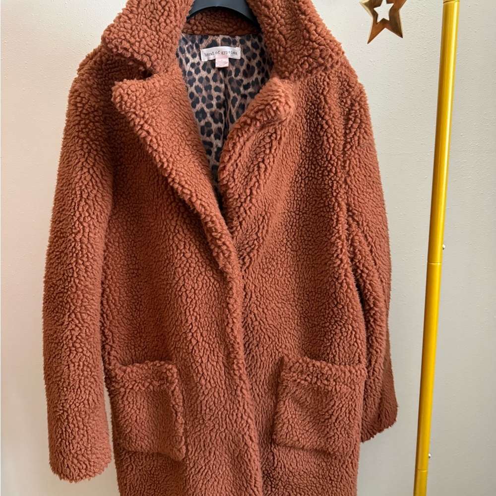 Band of Gypsies Teddy Sherpa Coat Brown Open Front Cozy Jacket